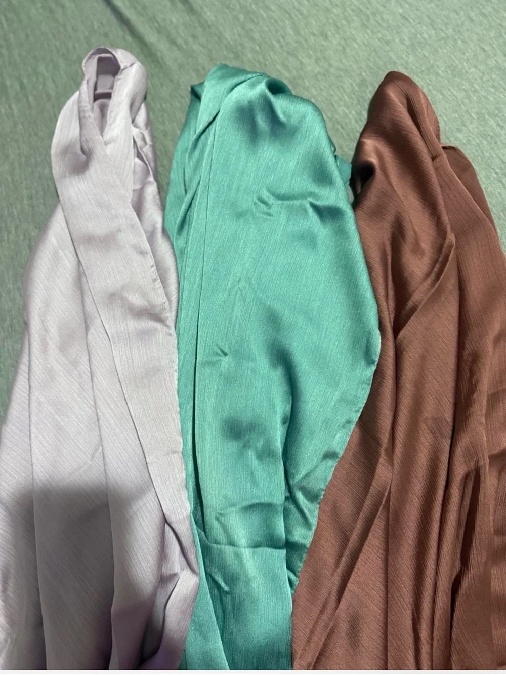 Three Satin Scarves in Lavender, Teal, and Rust